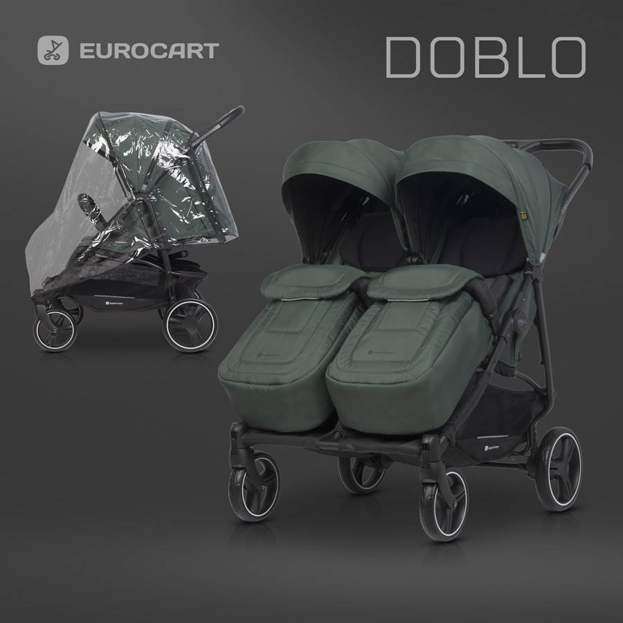 Spacerówka bliźniacza Euro Cart Doblo Jungle – nowoczesny wózek podwójny z zestawem gondoli i akcesoriami ochronnymi.